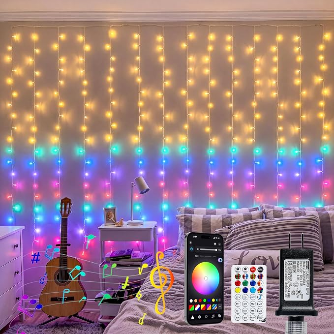 HEYFUNi Smart RGB-IC Curtain Lights Plug in App Control, 8.2x6.6ft 280 LED | Waterfall Lights with Music Sync, Warm White & Color Changing Curtain Lights with 2.4G Remote, DIY Modes for Bedroom Party