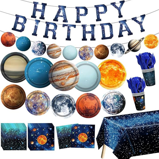 Space Theme Party Decorations 142Pcs Galaxy Planet Outer Space Disposable Plates and Napkins Cups Tablecloth Banner Knives Forks Spoons for Kids Space Solar System Planets Birthday Party Supplies