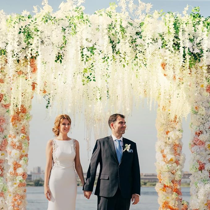 24Pcs Artificial Wisteria Hanging Flowers with Lights, 3.6Ft/Pcs White Fake Wisteria Garland for Wedding Party Home Garden Indoor Outdoor Decoration