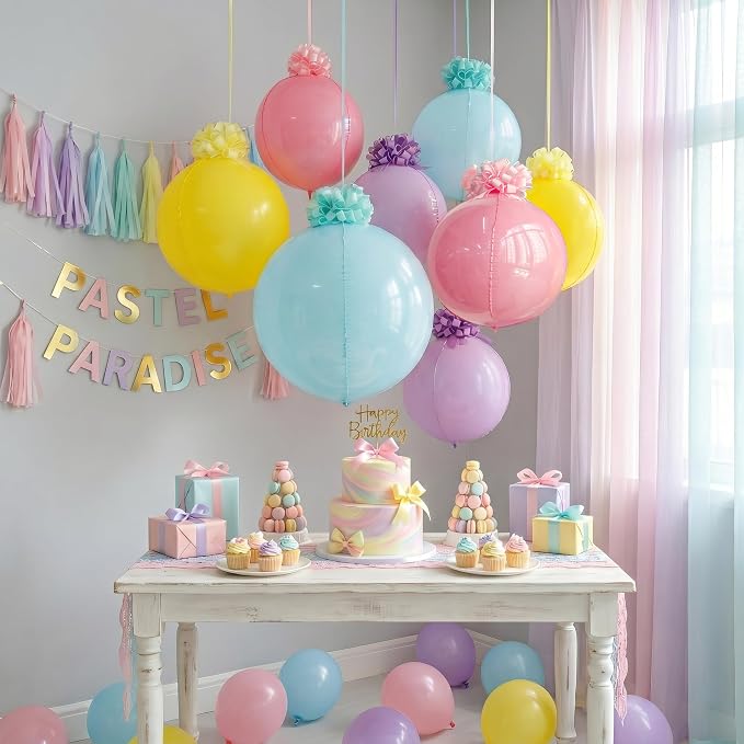 8pack Pastel Rainbow 4D Orb Ornament Balloons with 16 Pull Ribbon Gift Bows –Total 24pcs Macaron Decor Ceiling Hanging Balloon Set for Unicorn Birthday Baby Shower & Spring Tea Party Decor