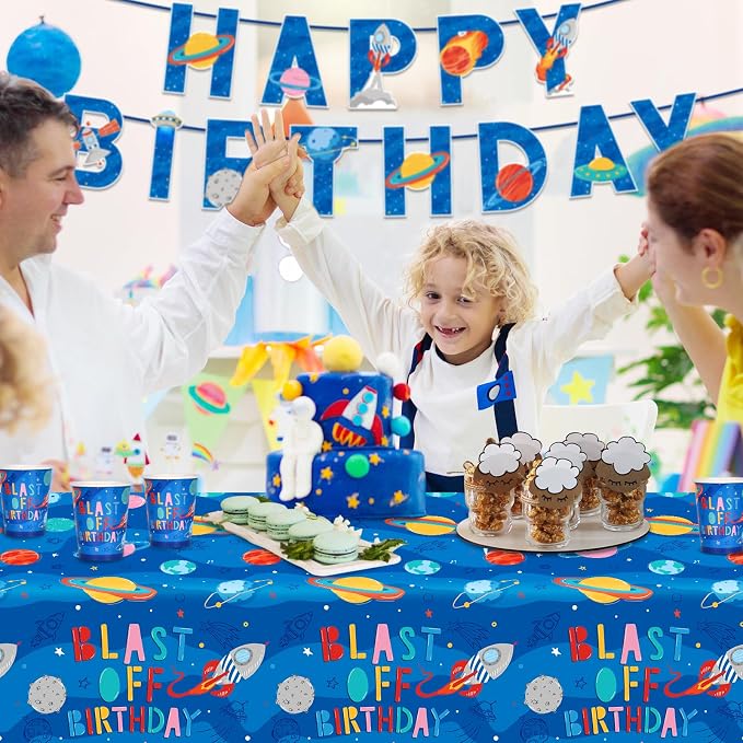 Outer Space Party Supplies - Solar System Planet-Themed Disposable Paper Plates, Napkins, Cups, Tablecloth, and Banner: Ideal Galaxy Space Birthday Decorations for Party of 25
