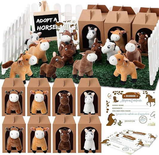 Blueweenly 84 Pcs Adopt a Pet Party Supplies 24 Mini Animals 10 White Plastic Fence 24 Paper Gift Boxes 24 Adoption Cards with Mini Chalkboard and Artificial Lawn(Pony)