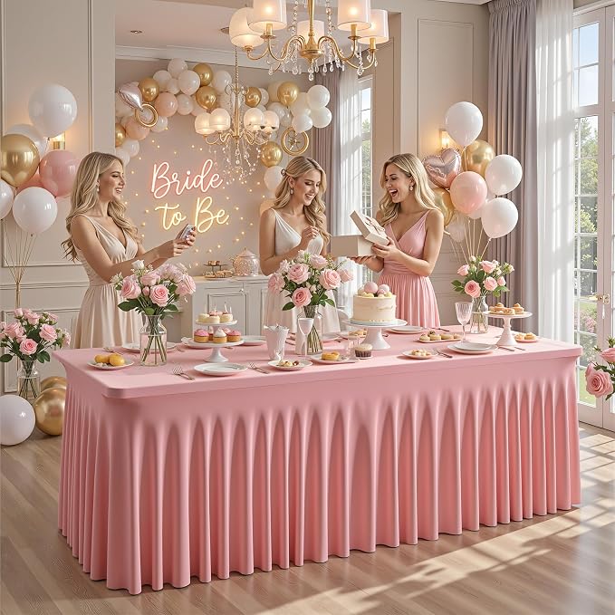 2 Packs Dusty Rose Table Clothes for 6 Foot Rectangle Tables, One-Piece Wrinkle Resistant Stretch Spandex Table Covers with Skirt for Event Banquet Wedding Birthday Party