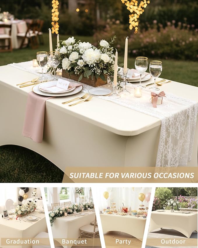 Fixwal Ivory Tablecloths for 8 Foot Rectangle Tables, 2 Pack Spandex Stretch Fitted Table Covers for Party, Trade Show, Banquet, Wedding, Buffet