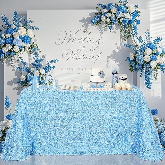 B-COOL Light Blue Rosette Tablecloth 90x156 Inch Baby Shower Party Table Cloths 3D Floral for Brithday Holiday Wedding Engagement Party Decorations