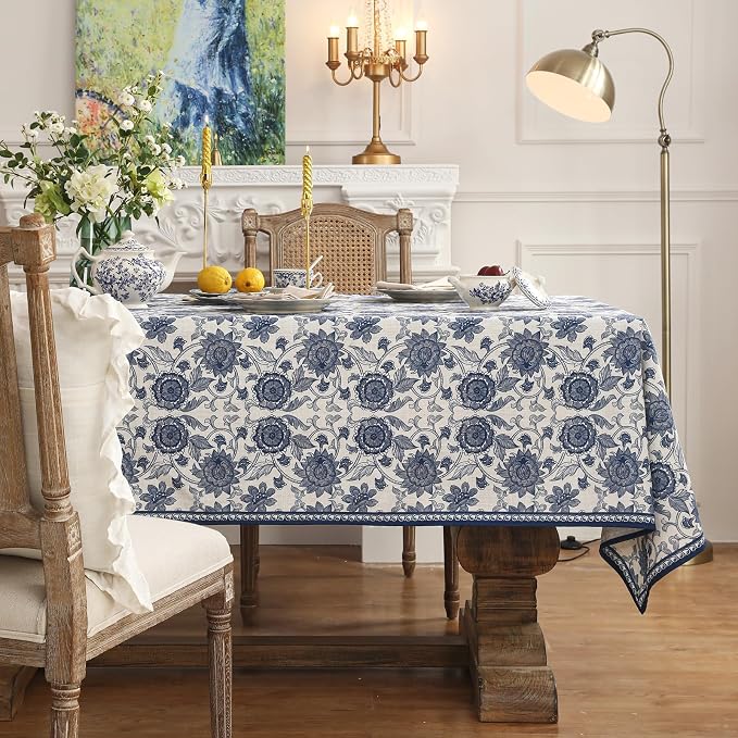 patdrea Elegant French Linen Tablecloth,Rectangular,94"x63"-Lantang A | Vintage Elegant Large Table Cloth for Rectangle Table,Blue and White Floral Print,for Dining Room Tea Party Thanksgiving
