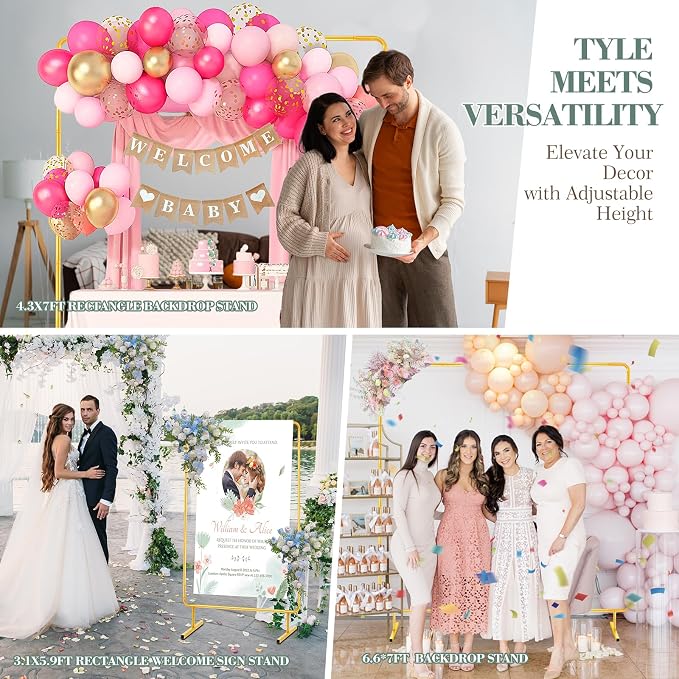 WellSign 6.6FTx6.6FT Wedding Balloon Arch Backdrop Stand, Gold Square Rectangular Metal Background Arch Frame for Garden Flower Arch, Birthday, Baby Shower Parties Decoration
