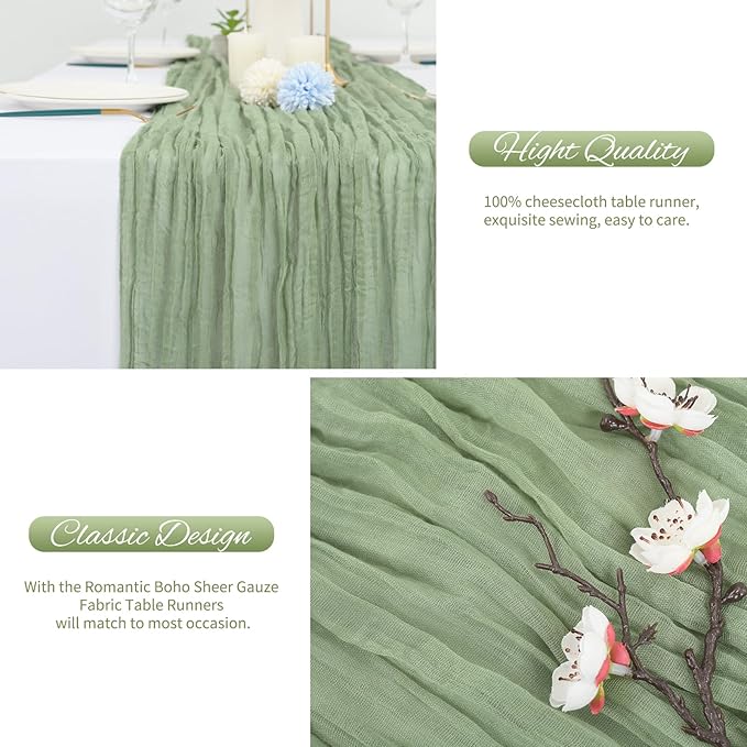 20 Pack Sage Green Cheesecloth Table Runner 120 Inch 10FT Rustic Boho Gauze Cheese Cloth Table Runner for Wedding Party Baby Shower Thanksgiving Christmas Decoration