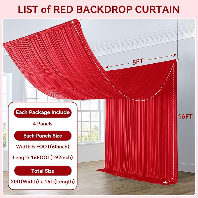 20x16ft Red Backdrop Curtain for Party, 4 Panels Wrinkle Free 16 Foot Long Polyester Photo Backdrop Drapes Photography Background for Wedding Birthday Gathing