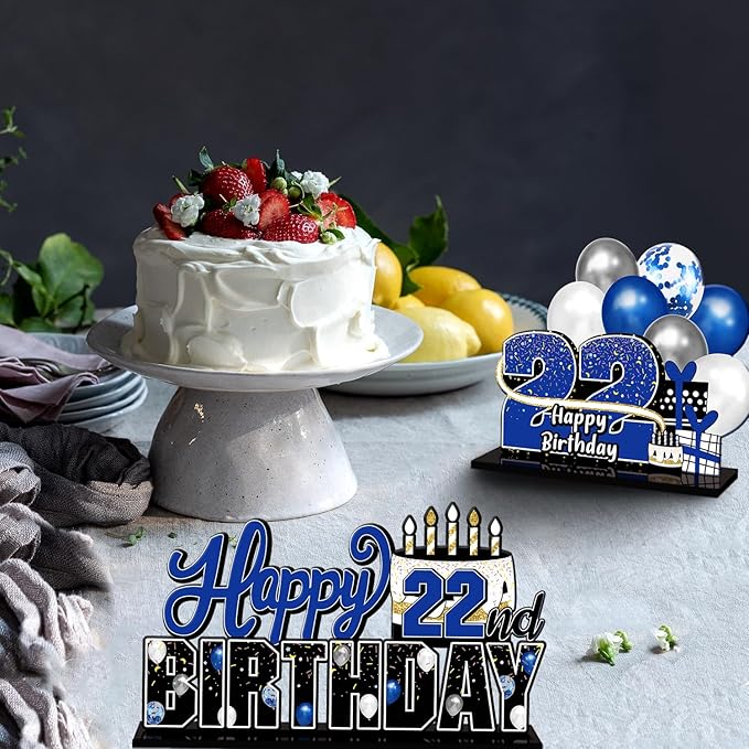 LINGTEER Happy 22nd Birthday Blue Acrylic Table Topper Centerpieces Set - Cheers to 22 Years Old Birthday 22nd Bday Party Gift Decorations.