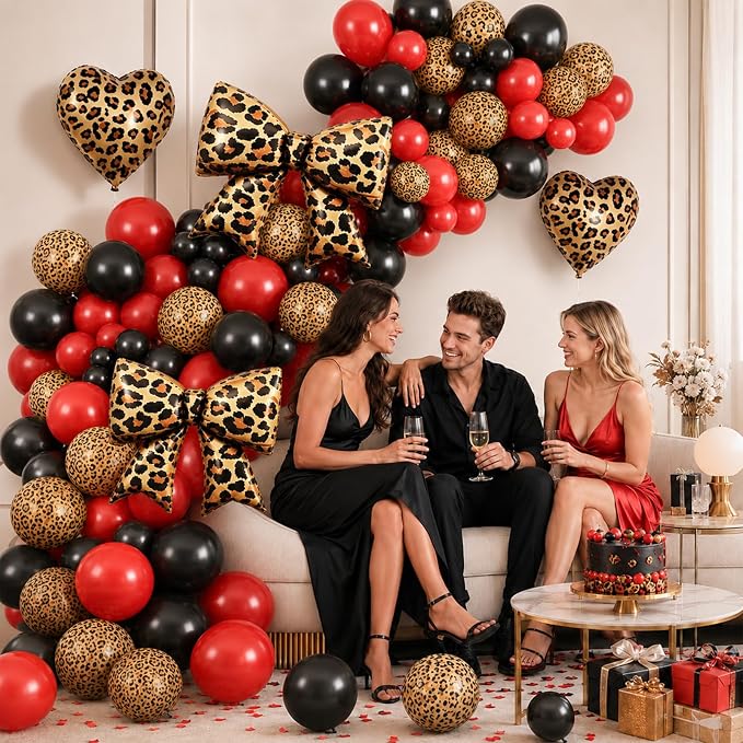 Red and Black Cheetah Print Birthday Decorations Black Dark Red Leopard Print Latex Balloons 16 18 32 In Happy Birthday Foil Balloon Banner Bow Heart Balloons for Girls Women Bday Party Decor
