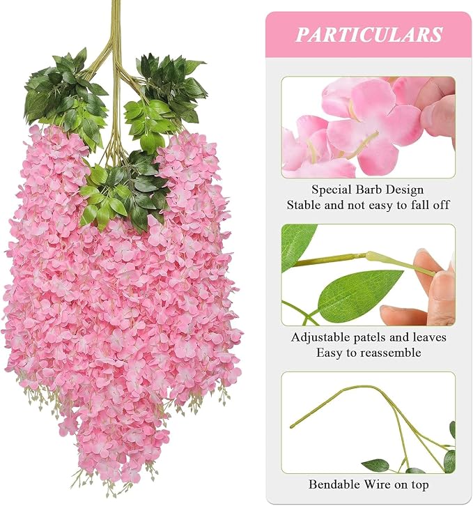 Pauwer 24 Pack 3.6 Feet/Piece Artificial Fake Wisteria Vine Ratta Hanging Garland Silk Flowers Home Party Wedding Decor (Pink, 24PCS)