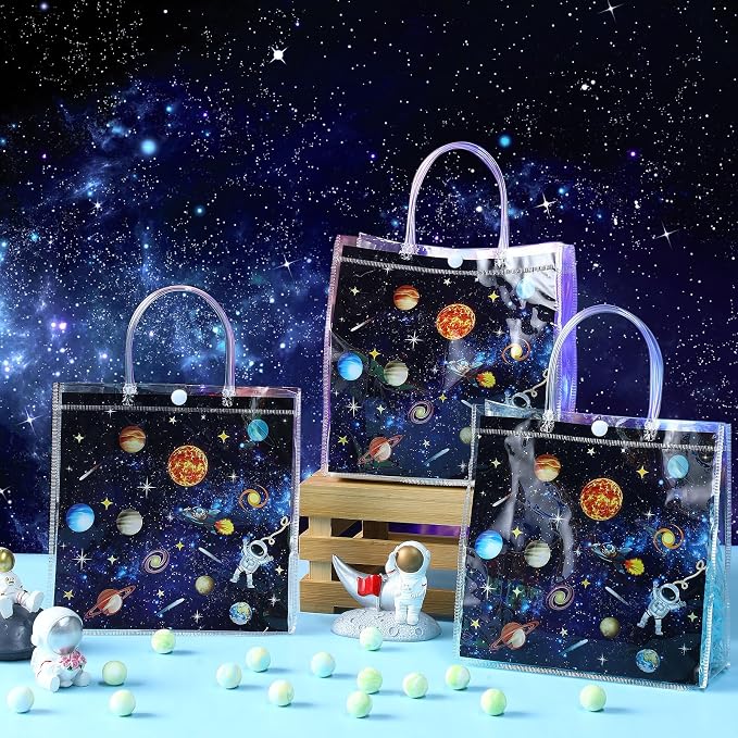 Hosuly 24 Pcs Outer Space Party Favor Bags with Handles, Clear PVC Planet Astronaut Goodie Treat Gift Bags for Solar System Birthday Baby Shower Space Party Favors Supplies 7.9 x 7.9 x 3.1Inch