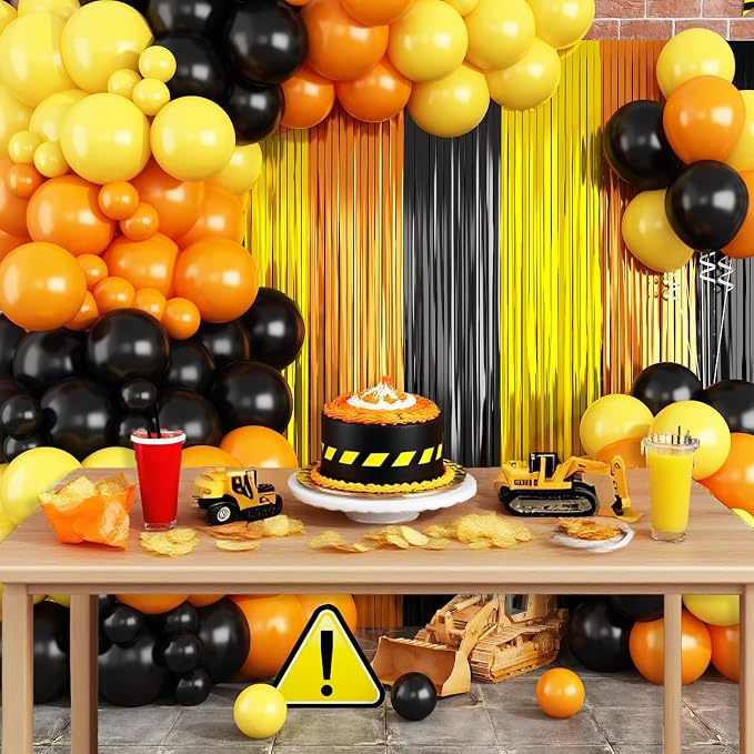 Construction Balloon Garland Arch Kit Birthday Party Decorations Supplies, Yellow Orange Black Foil Fringe Curtains Backdrop Tinsel Streamer Photo Booth Props Truck Car Themed Party Decor