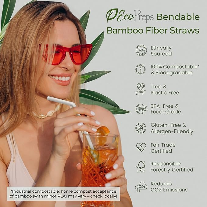 EcoPreps Flexible Biodegradable Bamboo Fiber Straws, 300 Count | 100% Compostable, Plastic-Free, Eco-Friendly Drinking Straws for Cold Drinks | 7.8'' Bendable, Disposable Bamboo Fiber Straw (300 PCS)