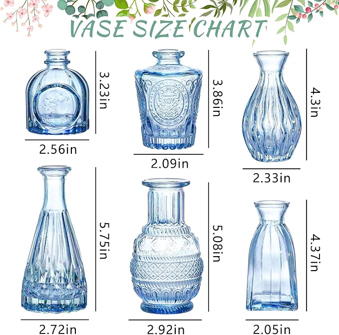 SUPMIND 6pcs Glass Bud Vase Set, Small Blue Flower Vases for Centerpieces in Bulk, Mini Vintage Vase for Wedding, Home Decor, Table Decoration