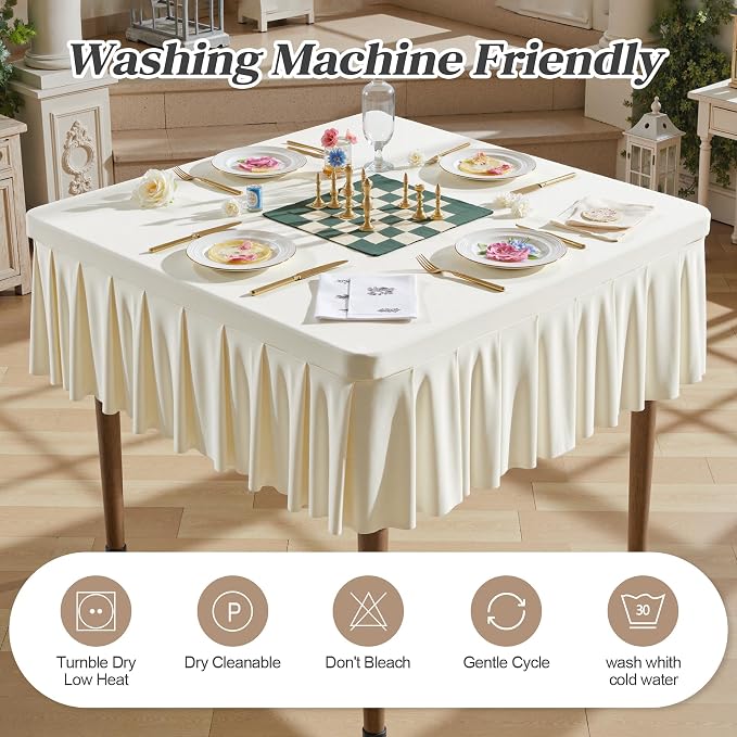 Wish Care Ivory Spandex Tablecloths for 34x34 Inch Square Tables, Stretch Fitted Table Clothes with Pleated Ruffle Skirt for 34” Table, Wrinkle Free and Elastic, for Party Kitchen Home Dining