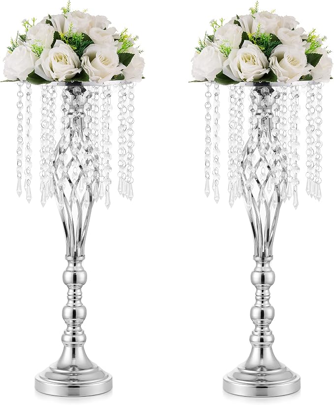 Sliver Vases Centerpieces for Table: 21.7" Tall Flower Stand with Crystal Patent for Wedding Center Piece Party Event Set of 2