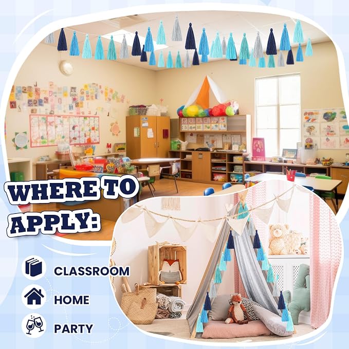 WILLBOND 4 Pcs Rainbow Tassel Garland Party Decorations, Colorful Boho Wall Hanging Banner for Classroom Decor, Back to School Birthday Wedding Baby Shower Nursery Home(Blue Gray,6.3 Inch)