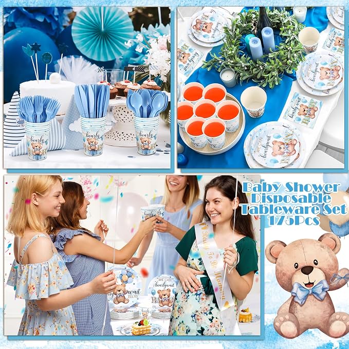 Sliner 175 Pcs We Can Bearly Wait Blue Bear Plates Napkin Cups Knives Party Supplies Disposable Cups Paper Tableware Set Baby Shower Decorations for Boy Gender Reveal Tableware Set Serves 25 Guests