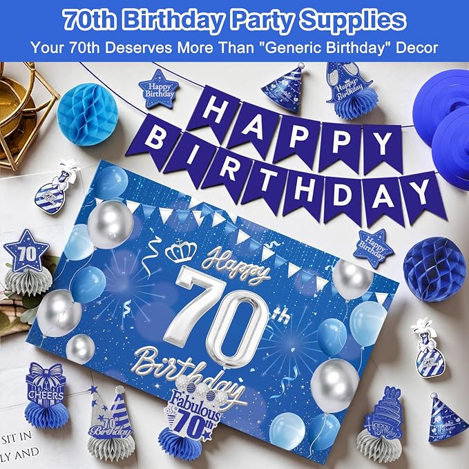 Happy 70th Birthday Party Decoration: Including Birthday Banner Backdrop, Party Table Centerpieces and Hanging Swirl Party Streamers, Birthday Decor for Men and Women (Blue, 70th Birthday)