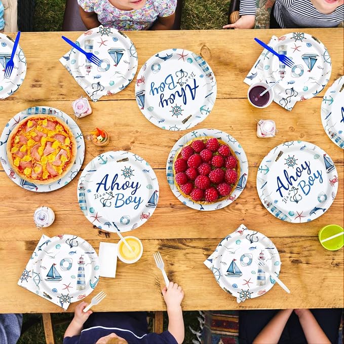 Nautical Party Plates and Napkins Ahoy Its A Boy Baby Shower Decorations Disposable Anchor Nautical Tableware Sets for Boys Baby Shower Ocean Gender Reveal Birthday Sailing Party Supplies Serves 24