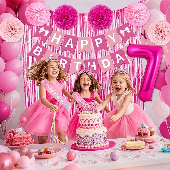 7th Birthday Decorations for Girls, Pink Party Decorations with Number 7 Balloon Happy Birthday Banner Bday Sash Crown Tablecloth Fringe Curtain Hanging Swirl for 7 Balloons for Bday Girl
