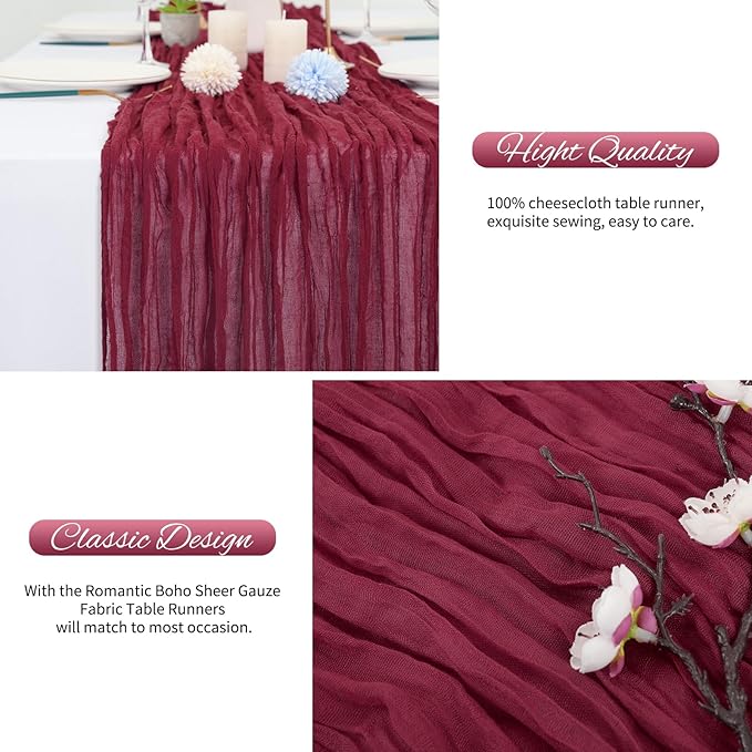 10 Pack Burgundy Red Christmas Table Runner 10FT Cheesecloth Boho Rustic Gauze 20 x 120 Inch Cheese Cloth Runner for Wedding Party Bridal Shower Thanksgiving Christmas Decoration