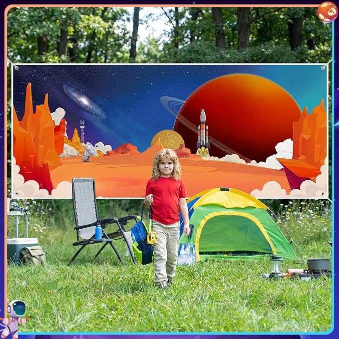 9 x 20 ft 2026 Vbs Backdrop Decoration Vbs Universe Space Galaxy Moon and Rocket Background Vacation Bible School Backdrop for Classroom Party Summer Cap Photo Booth Prop Church Outer Space Background