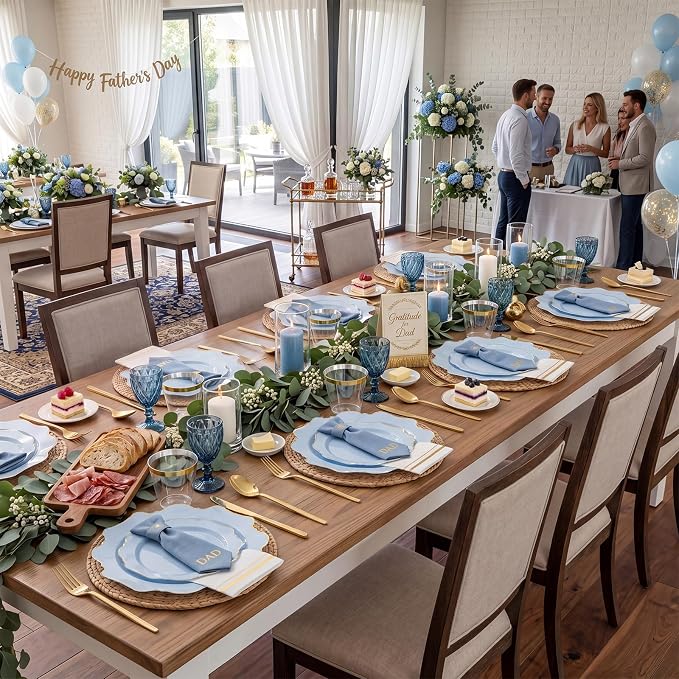 WDF 175Pcs Blue Plastic Plates - Heavy Duty Baby Blue Plates Disposable - 25Guests Plastic Dinnerware Ideal for Parties/Wedding/Baby Shower/Spring/First Communion/Father‘s Day