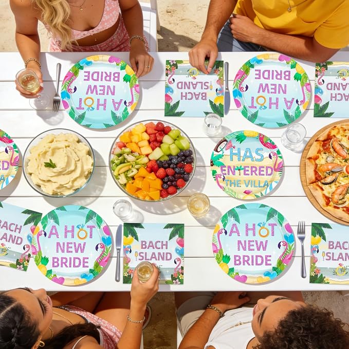 96Pcs Bach Island Bachelorette Party Supplies A Hot New Bride Plates and Napkins Tropical Island Theme Tableware Set for Love Theme Bridal Shower Bachelorette Party Decorations Serves 24