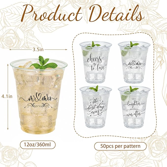 Edussy 200 Pack Disposable Wedding Plastic Cups Decor-4 Pattern 12 oz Mr and Mrs Cups for Wedding Stuff Decorations for Reception Bridal Shower Anniversary Party