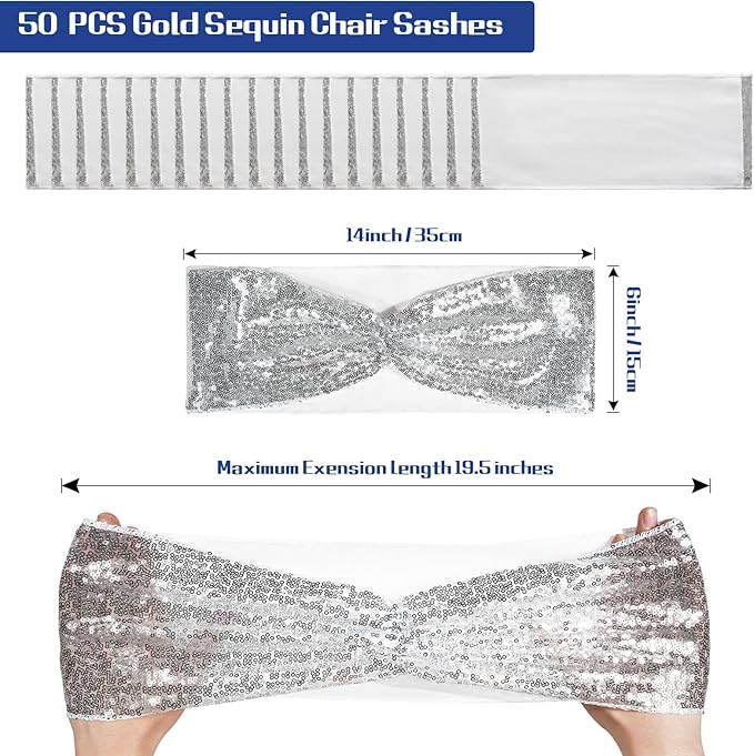 SquarPie Pack of 50 Chair Sashes Bands Silver Stretch Spandex One-Sided Sequin Bows for Wedding Party Fiesta Decor