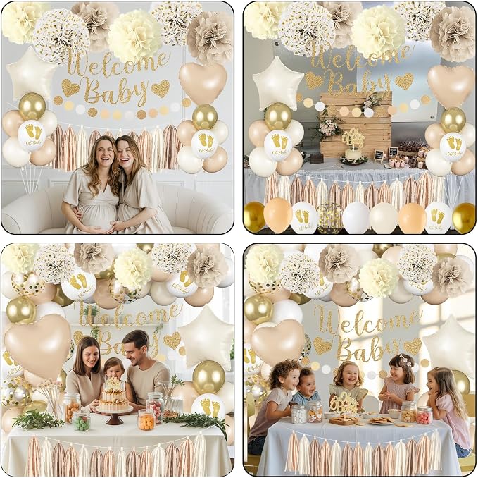 Neutral Gold Baby Shower Decorations for Boys Girls, Boho Welcome Baby Banner Gold Cream Beige Sand White Confetti Latex Balloons Oh-Baby Cake Topper Pom Poms for Baby-Shower Birthday Party Decoration