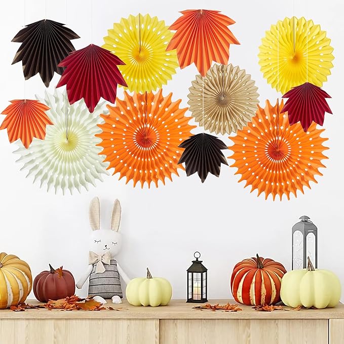 12 PCS Fall Party Decorations Maple Leaves Paper Fans Orange Hanging Paper Fans Paper Flowers Decorations for Wall for Autumn Thanksgiving Birthday Baby Shower Rustic Wedding Decorations, 14001-1215