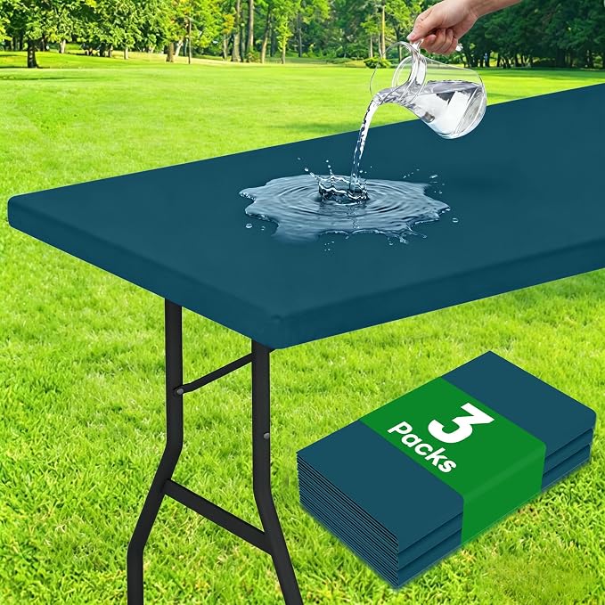 Smiry 3 Pack Rectangle Table Cloth, Elastic Fitted Flannel Backed Vinyl Tablecloths for 6ft Folding Tables, Waterproof Wipeable Table Covers for Outdoor, Camping and Picnic (Peacock Blue, 30"x72")