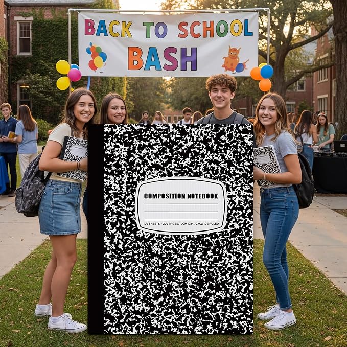 Amyhill 5 ft Composition Notebook Cardboard Cutout Stand Up Life-Size Back to School Party Decorations First Day of School Composition Notebooks Backdrop Photo Booth Standup for Welcome Party Supplies
