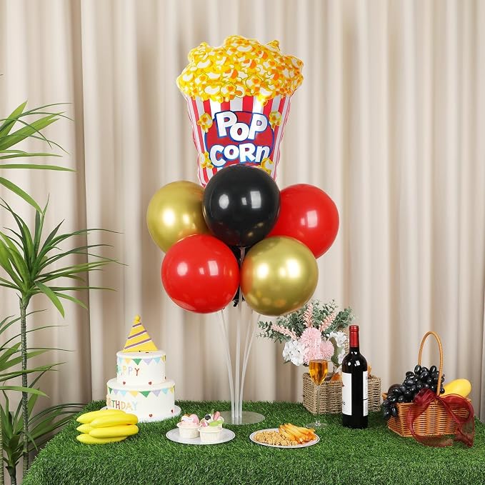 Movie Night Party Balloons Stand Kit 2 Sets with 2 Popcorn Clapboard Foil Balloons Black Red Gold Party Balloon Centerpiece for Tables for Birthday Camera Film Movie Party Decoration