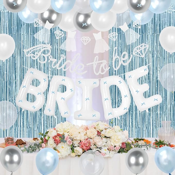 Holkcog Blue Bachelorette Party Decorations, Bride to Be Bridal Shower Decorations, Bride to Be Banner, Bridal Shower Tiara, Sash&Veil, Fringe Curtains, Blue and White Bachelorette Party supply
