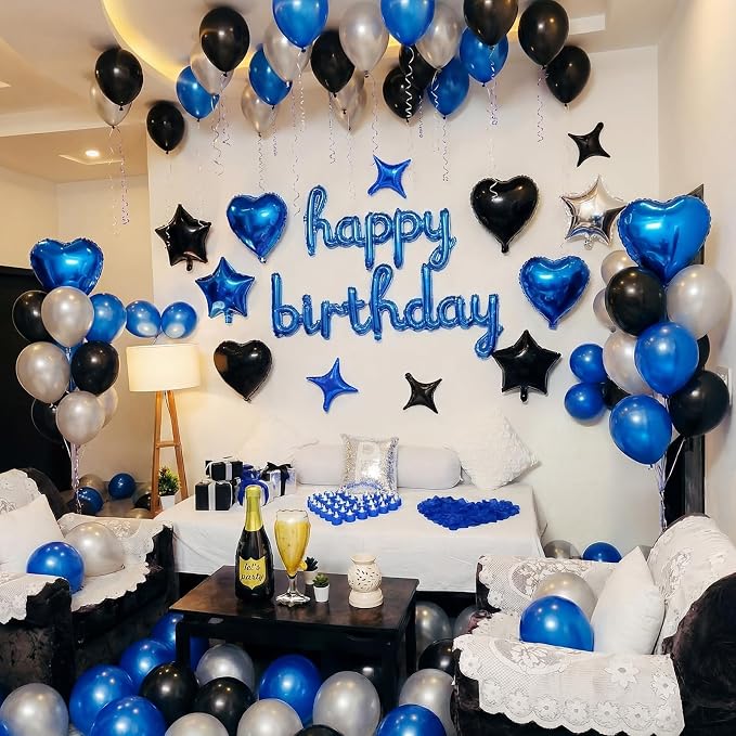 Realspring 175 Pcs Blue Happy Birthday Balloons Decorations Birthday Letters Banner with LED Candle Star Balloons 5000 Rose Petals for Surprise Party Room Decor Men Women