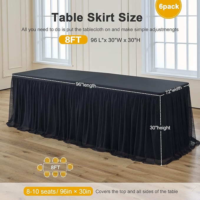 familus Black Table Cloths 8 Foot Rectangle 6 Pack Stretch Ruffle Tulle Tablecloth Spandex Fitted Table Cover for 8 Foot Tulle Table Skirts for Party Wedding Table Cloths, Banquets