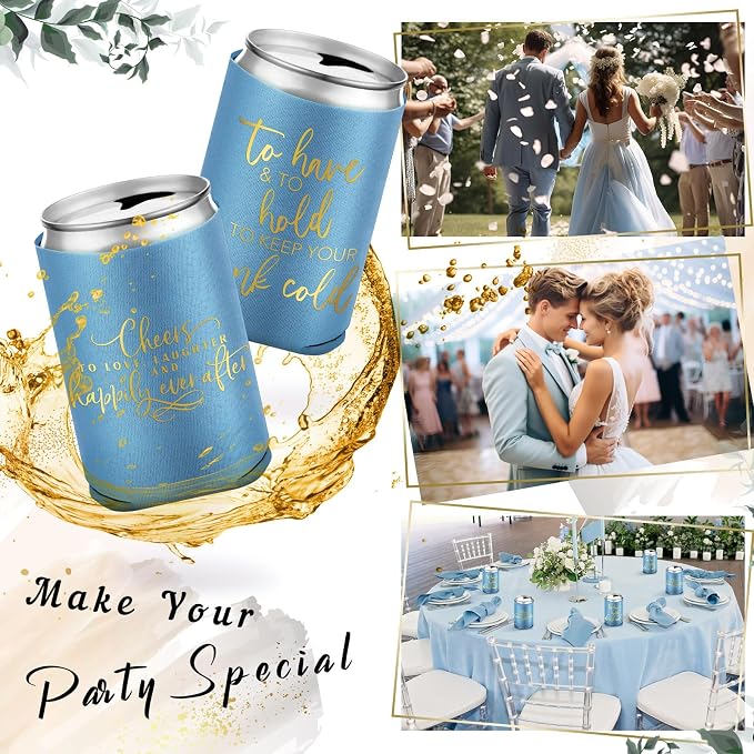 Qinyoung 50 Pieces Haze Blue Wedding Can Cooler Bulk Engagement Party Favors for Guests Cheers to Love and Happily Ever After Rehearsal Dinner Decorations for Wedding Bridal