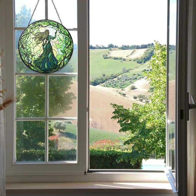 Green Witch Suncatcher Plant Witch Stained Glass Window Hanging Plant Lover Gifts for Women Wall Decor Handmade Sun Catcher Decoration for Garden Home Housewarming Gifts