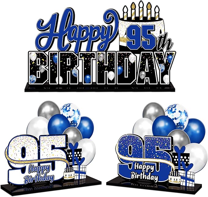 LINGTEER Happy 95th Birthday Blue Acrylic Table Topper Centerpieces Set - Cheers to 95 Years Old Birthday 95th Bday Party Gift Decorations.