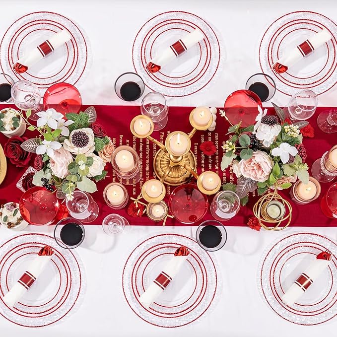 Ciaell 350 PCS Clear and Red Plastic Plates – Red Dinnerware Set for 50 Guests Include 100 Plastic Plates, 50 Pre Rolled Napkins with Cutlery Set, 50 Cups for Wedding & Party & Mother's Day