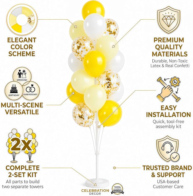 Hiins Balloon Column Kit Set of 2 With Pastel Yellow White Gold Confetti Balloons with Base,Pole,Balloon Tower Backdrop Decoration for Bee Lemon Wedding,Baby Shower,Birthday Party,Bachelorette Party
