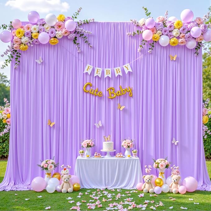 10 Panels Lavender Backdrop Curtain for Parties Wedding Light Purple Wrinkle Free 50ft x 10ft Backdrop Drapes for Baby Shower Birthday Party Photo Photography Polyester Fabric Background Decoration
