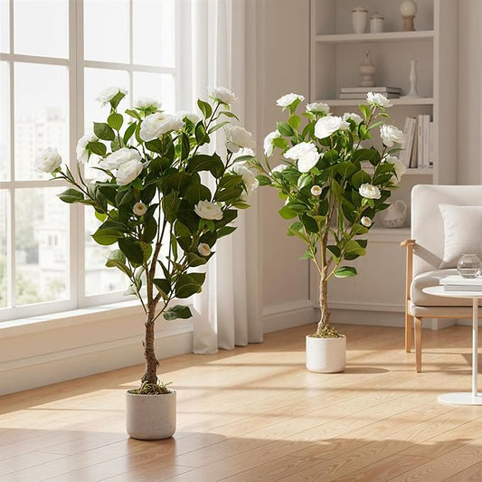 Garvee 2.8FT Artificial Camellia Tree 2 Pack, Faux Camellia Plant with White Planter and 20 White Flowers, 34" Fake Potted Flower Trees for Home and Office Decor