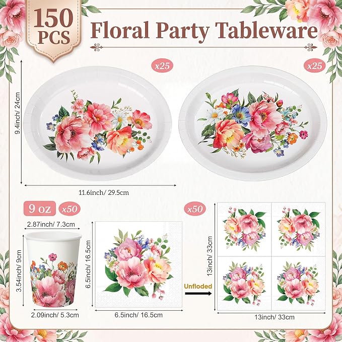 Vesici 150 Pcs Floral Oval Paper Plate and Napkin Set 10'' x 12'' Large Wildflower Tableware Spring Flower Heavy Duty Disposable Plate Napkin Cup for Wedding Birthday Mother's Day Party Supplies Decor