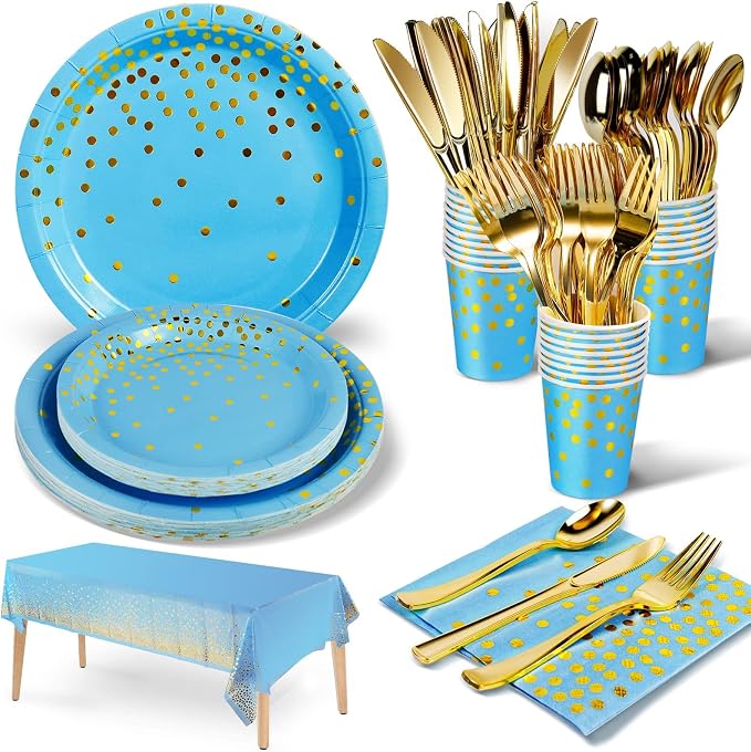 Nkaiso 141 Pieces Sky Blue Gold Party Supplies, Disposable Party Decorations Sets Include Paper Plates Napkins Cups, Plastic Forks Knives Spoons, for Baby Shower Birthday Wedding -20 Guests